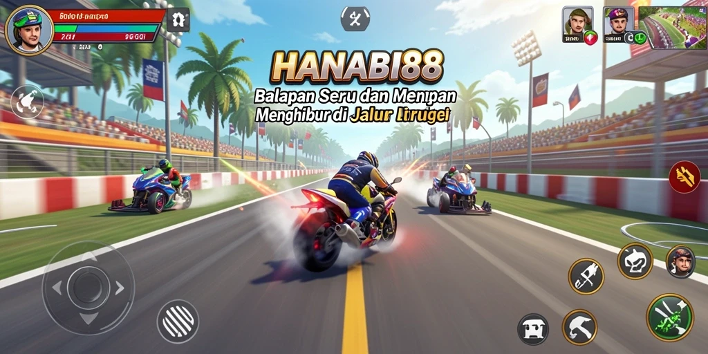 Screenshot menunjukkan aksi seru balapan di HANABI88 dengan mobil yang cepat dan grafik yang memikat.
