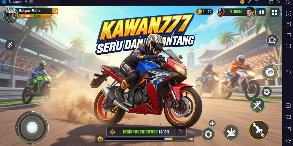 Tampilan gameplay seru KAWAN777 saat balapan motor.